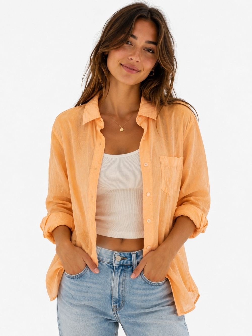 GAP Peach Button-Down Shirt for Women Linen Cotton Blend Size Large
